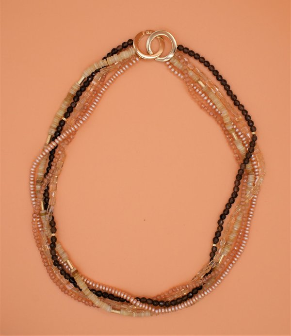 4fach Halskette aus Rauchquarz, Honigopal, Citrin Quarz, Süßwasserperlen