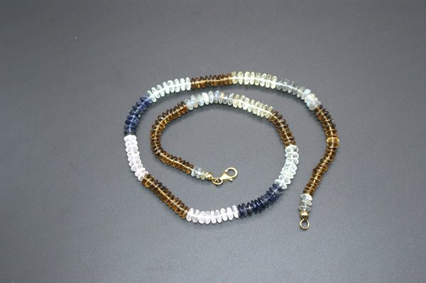 Halskette, Citrin, Labrador Quarz, 6 mm, Schließe Silber vergoldet, Länge 46 cm